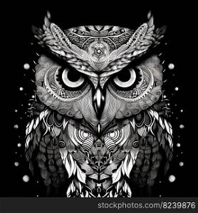 Wild owl with mystic design elements. Occult wise bird black and white symbol in vintage style. Generated AI.. Wild owl with mystic design elements. Occult wise bird black and white symbol in vintage style. Generated AI