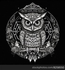 Wild owl with mystic design elements. Occult wise bird black and white symbol in vintage style. Generated AI.. Wild owl with mystic design elements. Occult wise bird black and white symbol in vintage style. Generated AI
