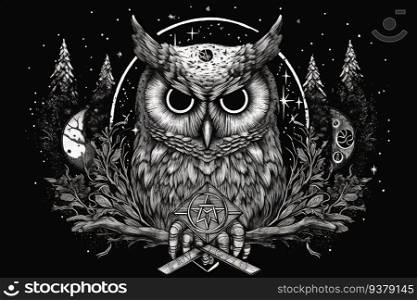 Wild owl with mystic design elements. Occult wise bird black and white symbol in vintage style. Generated AI