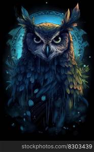 Wild owl with mystic design elements. Occult wise bird colorful symbol in vintage style. Generated AI.. Wild owl in the forest. Colorful realistic style, wildlife element. Generated AI..