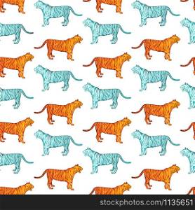 Wild tigers tribal style seamless pattern. Circus or zoo blue and orange wild cats. Exotic safari animals, jungle fauna tileable texture. Creative childish wallpaper, wrapping paper or textile design. Wild tigers tribal style seamless pattern