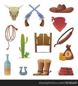 Wild west icon. Cowboys country western symbols saloon boots rodeo lasso vector cartoon collection. Illutsration of wild west, gun and hat, horseshoe and lasso. Wild west icon. Cowboys country western symbols saloon boots rodeo lasso vector cartoon collection