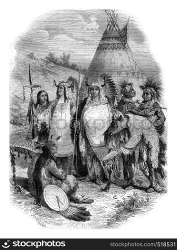 Wild western prairies in northern America, vintage engraved illustration. Magasin Pittoresque 1845.