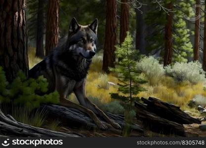 Wild wolf in the mountains near the lake. Neural network AI generated art. Wild wolf in the mountains near the lake. Neural network AI generated