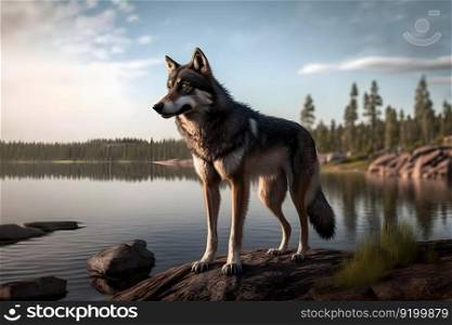 Wild wolf in the mountains near the lake. Neural network AI generated art. Wild wolf in the mountains near the lake. Neural network AI generated