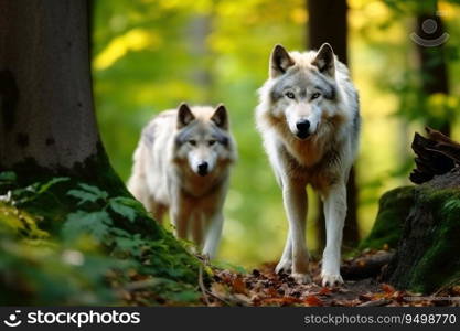 Wild wolves in a forest created with generative AI technology