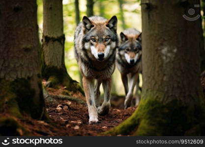 Wild wolves in a forest created with generative AI technology