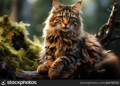 Wildcat sitting on a tree trunk. Generative AI