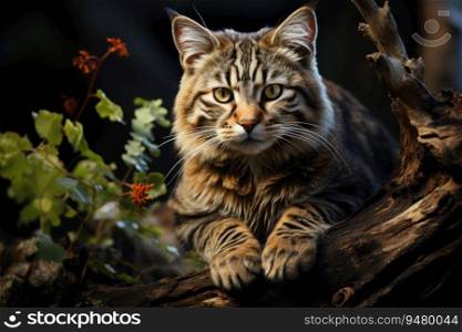 Wildcat sitting on a tree trunk. Generative AI