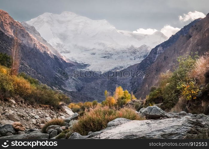 Wilderness area with snow capped Rakaposhi mountain in Karakoram range in the background. Nagar valley, Gilgit baltistan, Pakistan.