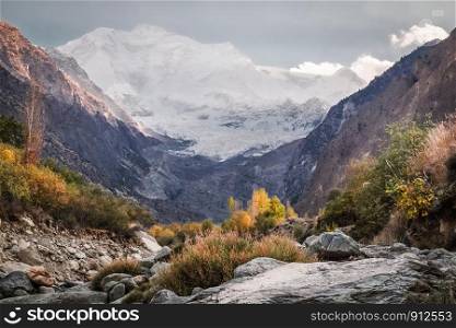 Wilderness area with snow capped Rakaposhi mountain in Karakoram range in the background. Nagar valley, Gilgit baltistan, Pakistan.