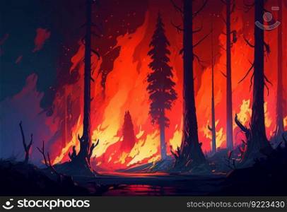Wildfire forest burning illustration. AI generative.