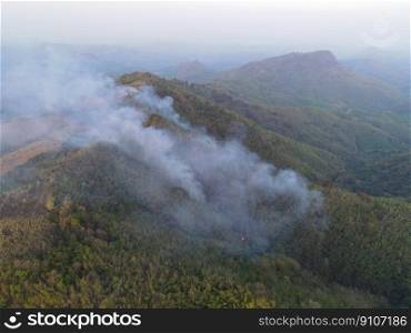 wildfire on the mountain fire burning forest dry bamboo forest at asian in the summer, aerial view forest fire wildfire burning tree with smog fog on on the air pm2.5 global warming concept