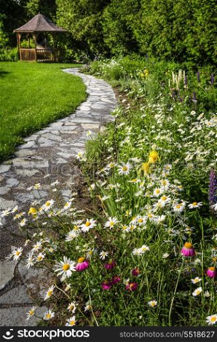 Wildflower garden and path to gazebo. Wildflower garden with paved path leading to gazebo and blooming daisies