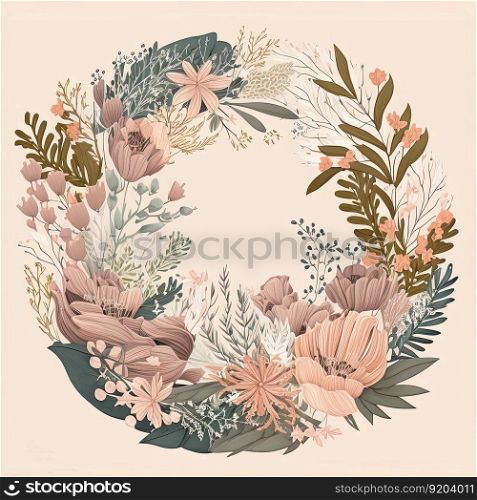 Wildflower wreath on pink background, design for cards. Vintage style, pale pink colors. Wildflower wreath on pink background, design for cards