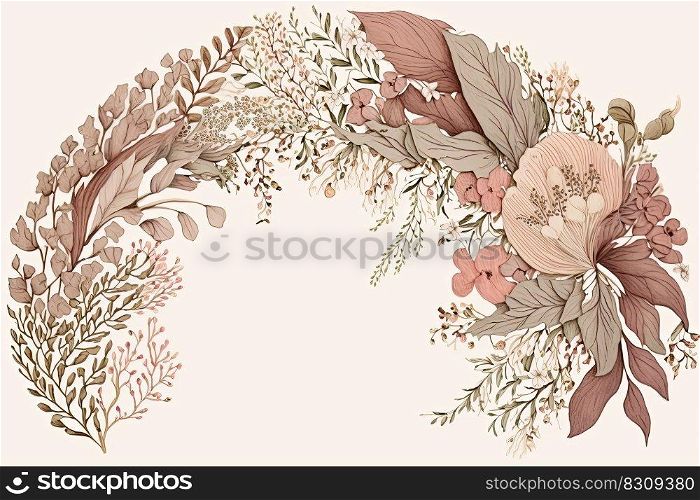 Wildflower wreath on white background, design for cards. Vintage style, pale pink colors. Wildflower wreath on white background, design for cards