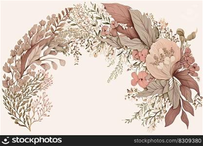 Wildflower wreath on white background, design for cards. Vintage style, pale pink colors. Wildflower wreath on white background, design for cards