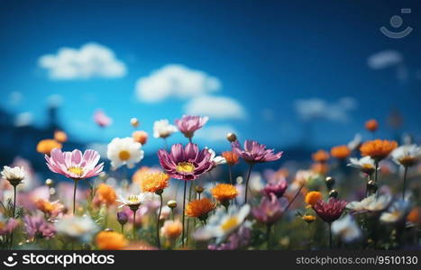 Wildflowers colorful various flowers in field.Colorful wildflower meadow with sunshine and blue sky background.Summer flower meadow - Holiday time in the garden copy space. Wildflowers colorful various flowers in field.Colorful wildflower meadow with sunshine and blue sky background.Summer flower meadow - Holiday time in the garden