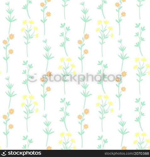 Wildflowers seamless pattern vector illustration. Background with cute delicate little flowers. Template with floral motives for wallpaper, fabric and packaging. Wildflowers seamless pattern vector illustration