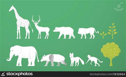 Wildlife animals. Minimalism deign in paper cut and craft style. Art digitalcraft for world environment day.