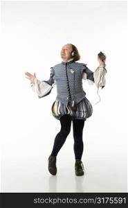 William Shakespeare in period clothing listening to mp3 player and dancing.