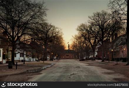 WILLIAMSBURG, VIRGINIA - DECEMBER 30: Sun rises over the Capitol on December 30, 2011. Colonial Williamsburg&rsquo;s 301 acres includes many restored buildings and houses