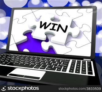 . Win Puzzle On Laptop Shows Victory And 1st Prize