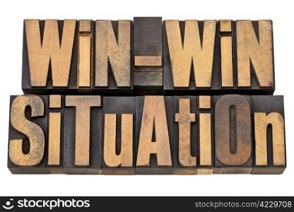 win-win situation - successful outcome of negotiation or conflict resolution concept - isolated words in vintage wood type