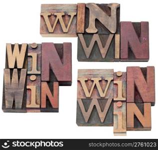 win-win strategy, negotiation or conflict resolution concept - isolated text in vintage wood letterpress type blocks, stained by color ink, 3 layouts