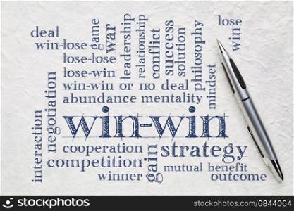 win-win strategy word cloud. win-win strategy word cloud - handwriting on a white lokta paper