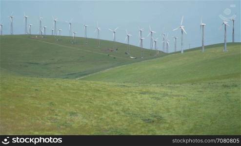 Wind blows the grass near a Californian wind farm