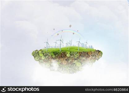 Wind energy. Island of gears with windmills floating in air