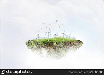 Wind energy. Island of gears with windmills floating in air