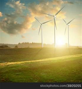 Wind generators turbines on sunset summer landscape