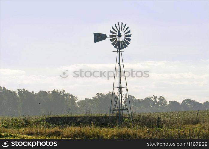 Wind mill and pond on the pasture fields