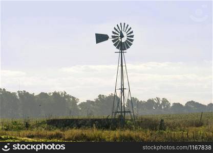 Wind mill and pond on the pasture fields