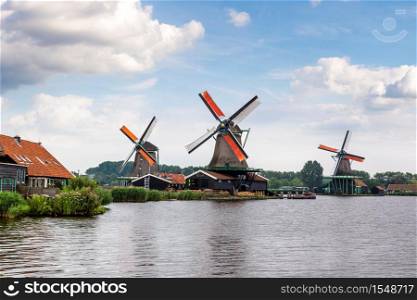 Wind mills in Zaanse Schans, Netherland. Holland in a summer day