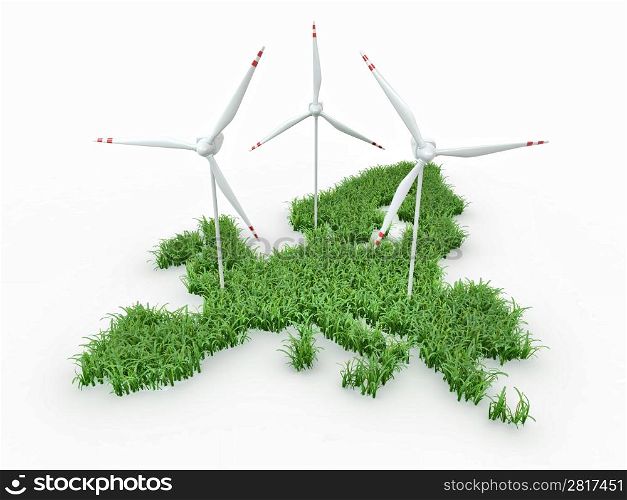 Wind power generators on the map of Europe. 3d