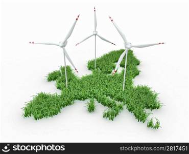 Wind power generators on the map of Europe. 3d