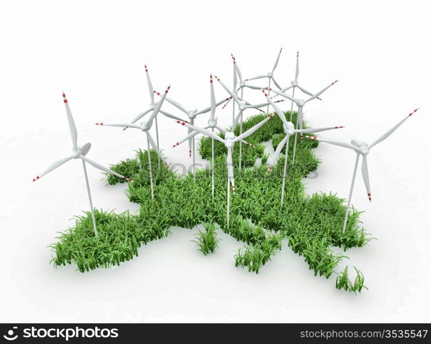 Wind power generators on the map of Europe. 3d