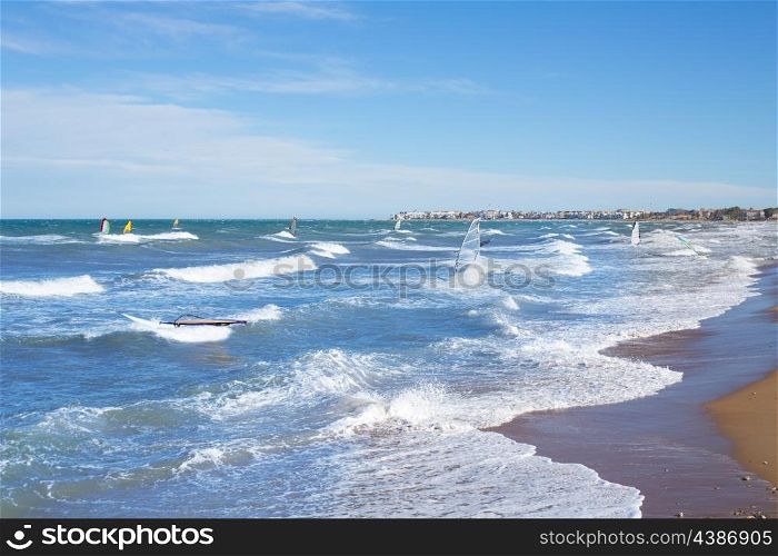 Wind surf in Denia Oliva in Valencian community Mediterranean blue sea of spain
