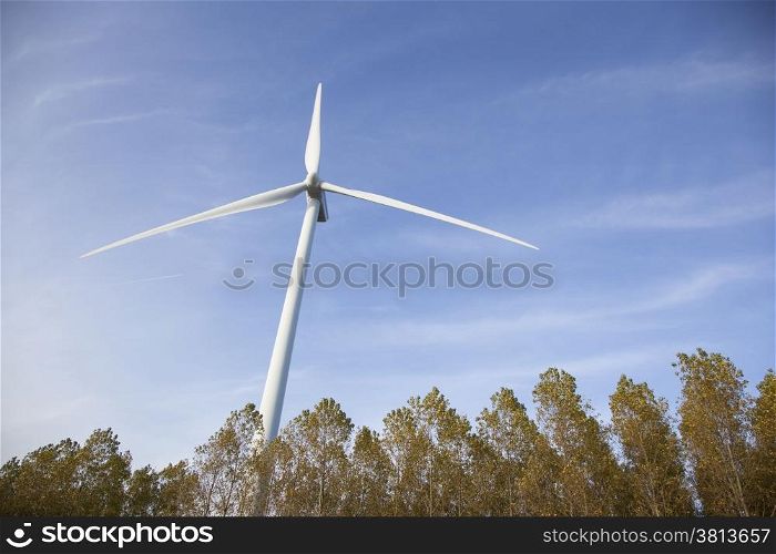 wind turbine against blue sky above trees in holland