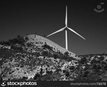 Wind turbine in b&w. Paphos District, Cyprus.