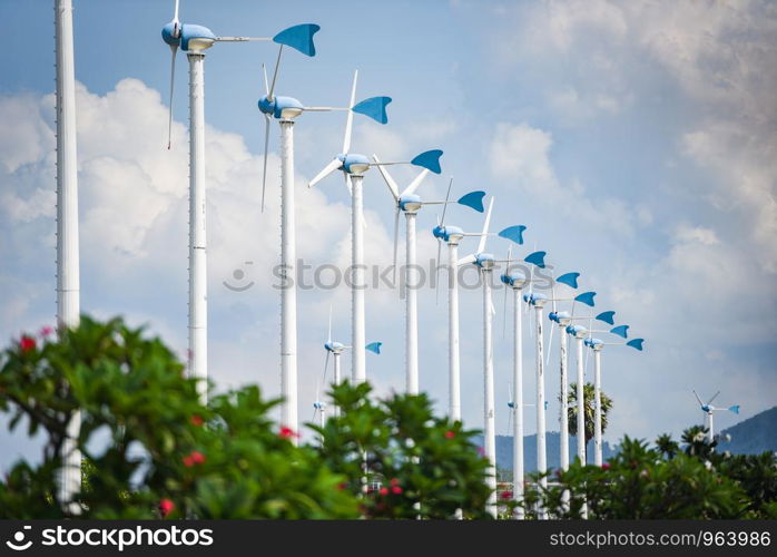 wind turbine landscape natural energy green Eco power concept at wind turbines farm hill cloud sky background