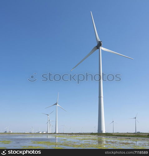 wind turbines and blue sky in the north of dutch province groningen near eemshaven in the netherlands