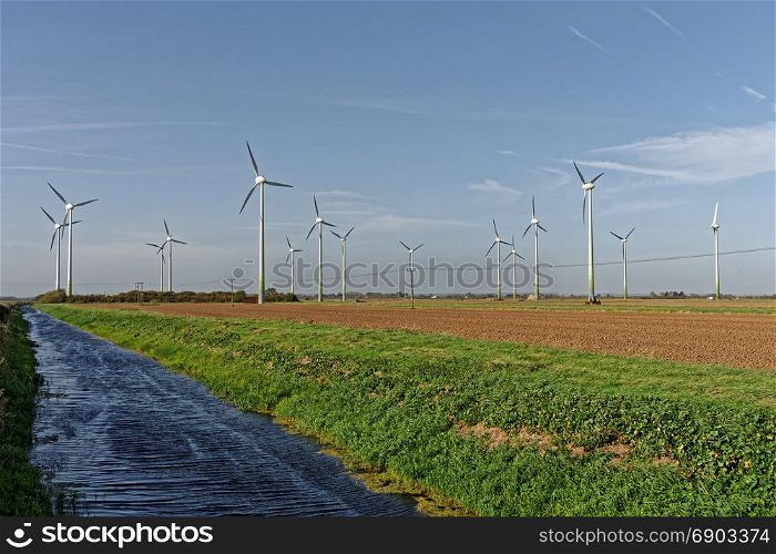 Wind turbines and drainage dyke in Lincolnshire,UK