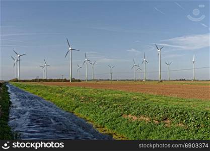 Wind turbines and drainage dyke in Lincolnshire,UK
