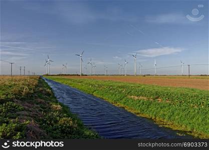 Wind turbines and drainage dyke in Lincolnshire,UK. HDR Image