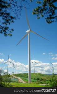 wind turbines field with blue sky