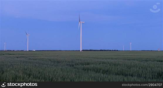 Wind turbines in a prairiefield, Manitoba, Canada